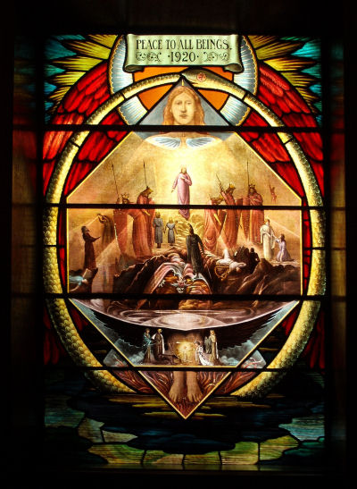 The Path: Stained Window at Leeds  Theosophical Society, England this lovely geometric glass design by Reginald Willoughby Machell (1854-1927)  is a part  of the front window of its wood-panelled lodge room.