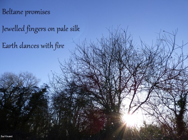 Beltane promises Jewelled fingers on pale silk Earth dances with fire