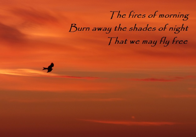   The fires of morning Burn away the shades of night                  That we may fly free