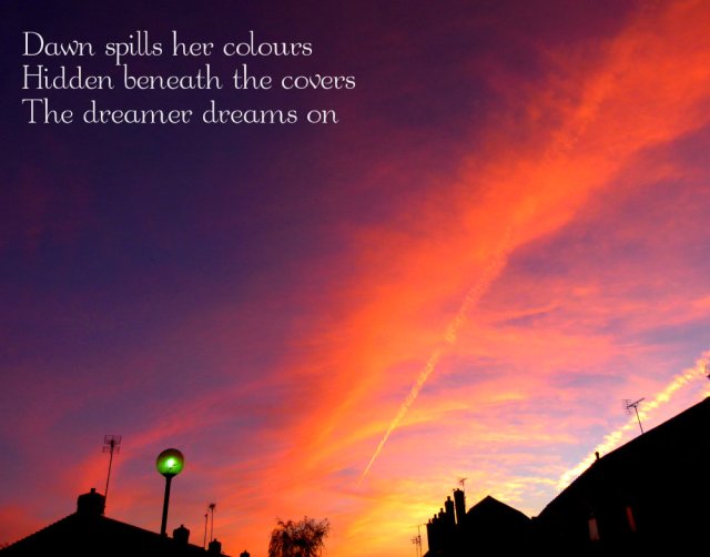 Dawn spills her colours Hidden beneath the covers The dreamer dreams on