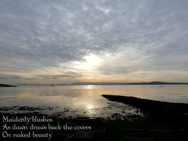 Maidenly blushes As dawn draws back the covers On naked beauty