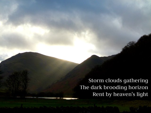 Storm clouds gathering The dark brooding horizon Rent by heaven's light