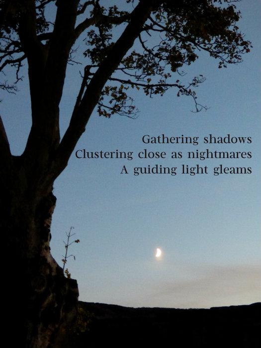Gathering shadows Clustering close as nightmares A guiding light gleams