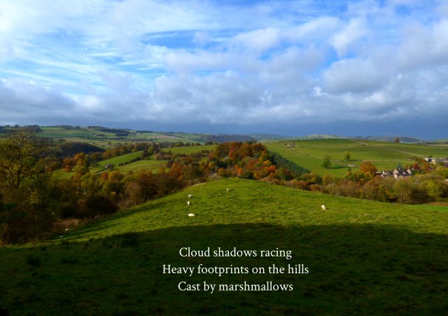 Cloud shadows racing Heavy footprints on the hills Cast by marshmallows