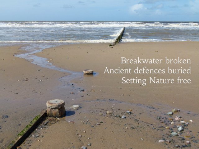 Breakwater broken Ancient defences buried Setting Nature free