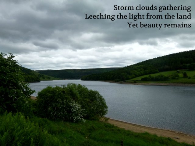 Storm clouds gathering Leeching the light from the land Yet beauty remains