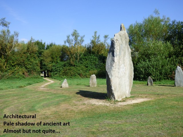 Architectural, pale shadow of ancient art, almost but not quite