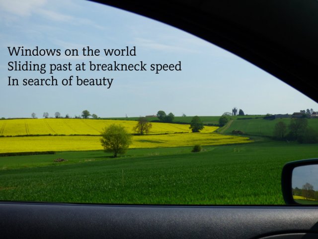 Windows on the world Sliding past at breakneck speed In search of beauty