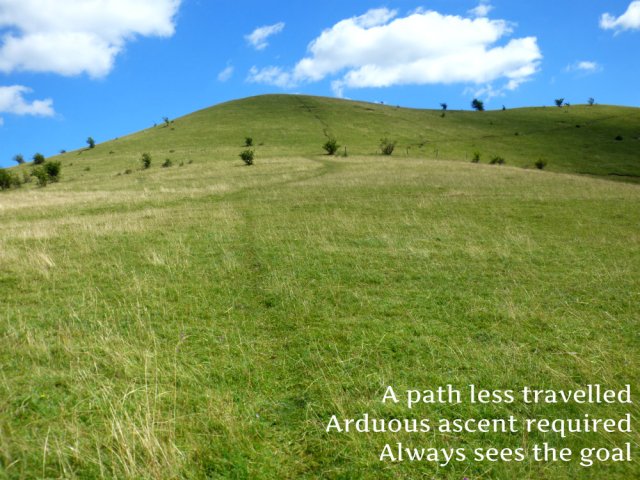 A path less travelled Arduous ascent required Always sees the goal